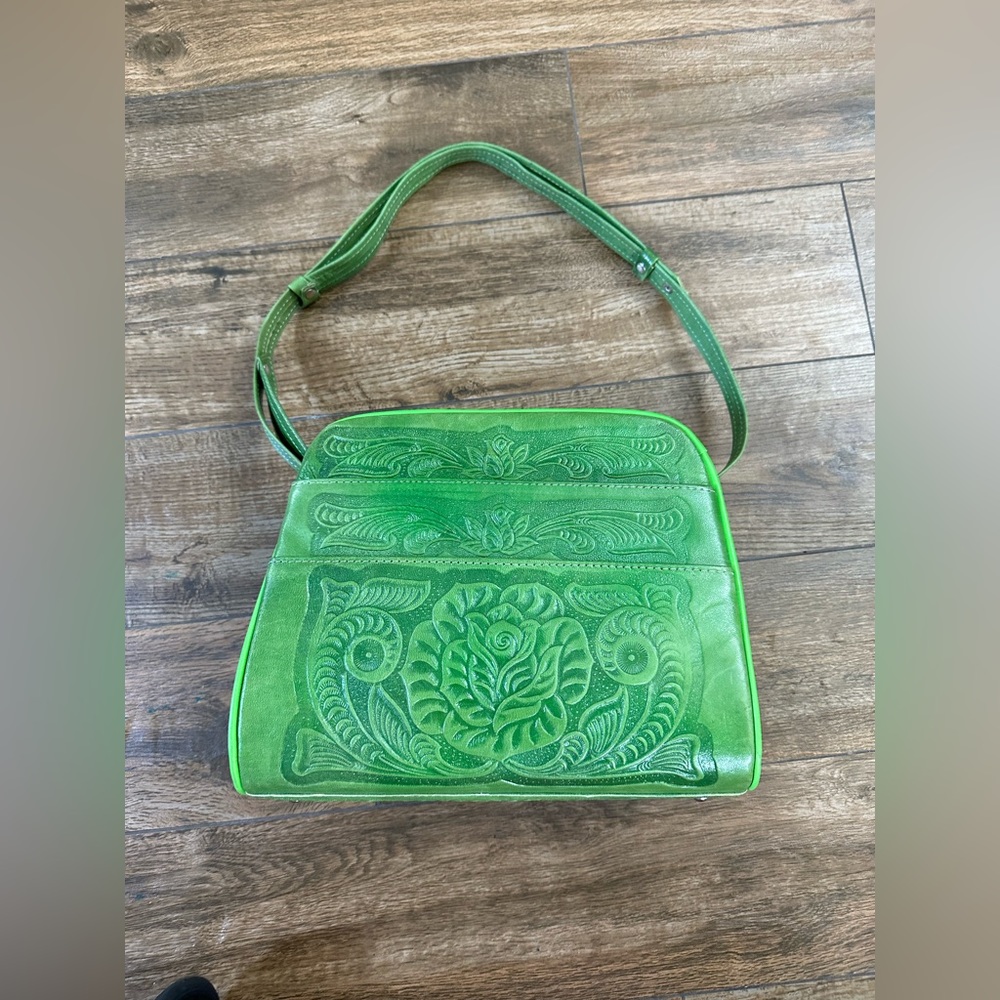 Hand Tooled Green Leather Handbag, Green Boho Embossed Floral Bag